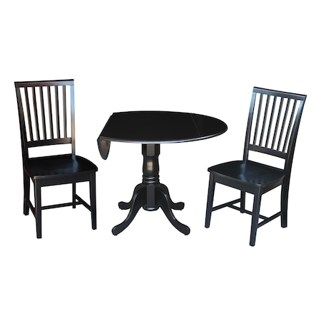 International Concepts Round 42 in Dual Drop Leaf Table with 2 Mission Chairs, Black, 42 in W, 42 in L, 29.5 in H, Wood K46-42DP-C265-2
